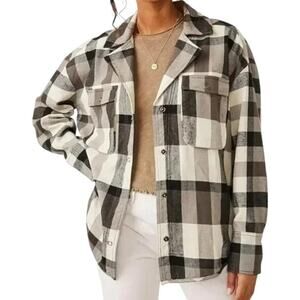 Free People We the Free Black and White Izzy Plaid Cargo Snap Shirt Size XS